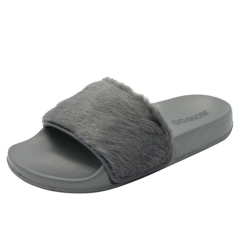 Women Slip on Faux Fur Trim Flat Slipper Open Toe Ladies Sandals