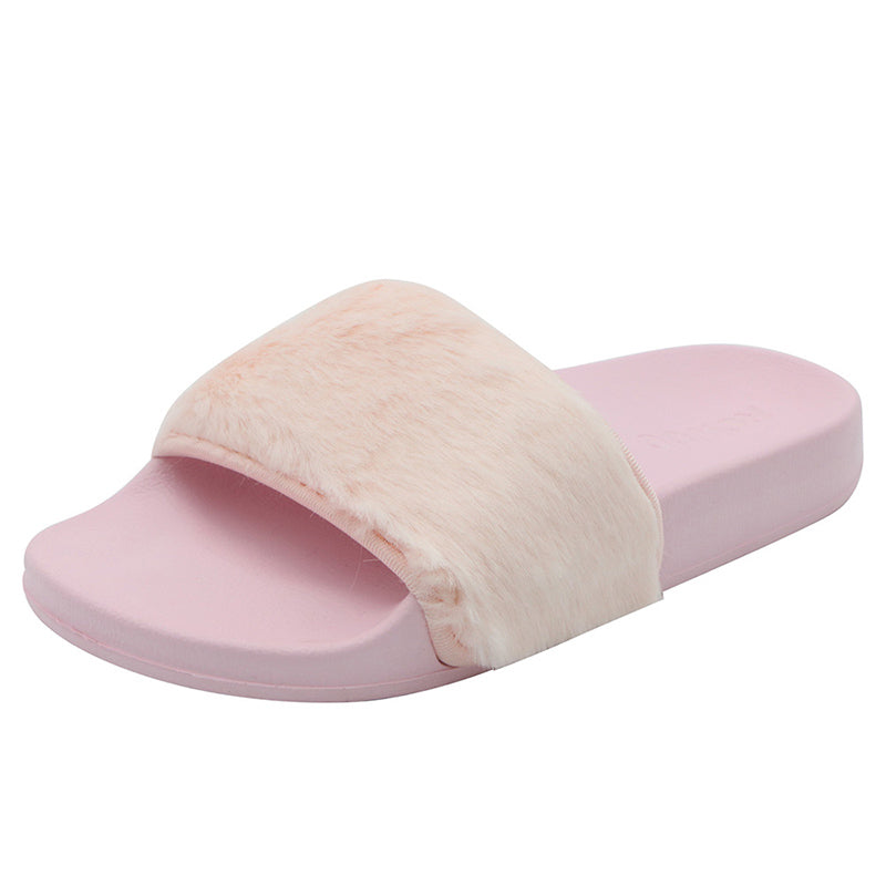 Women Slip on Faux Fur Trim Flat Slipper Open Toe Ladies Sandals