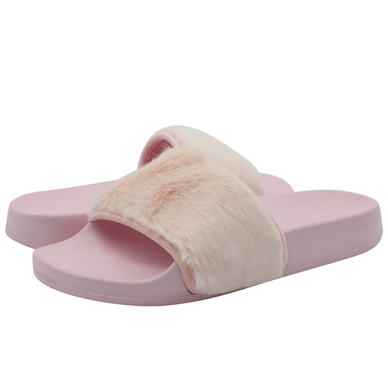 Women Slip on Faux Fur Trim Flat Slipper Open Toe Ladies Sandals