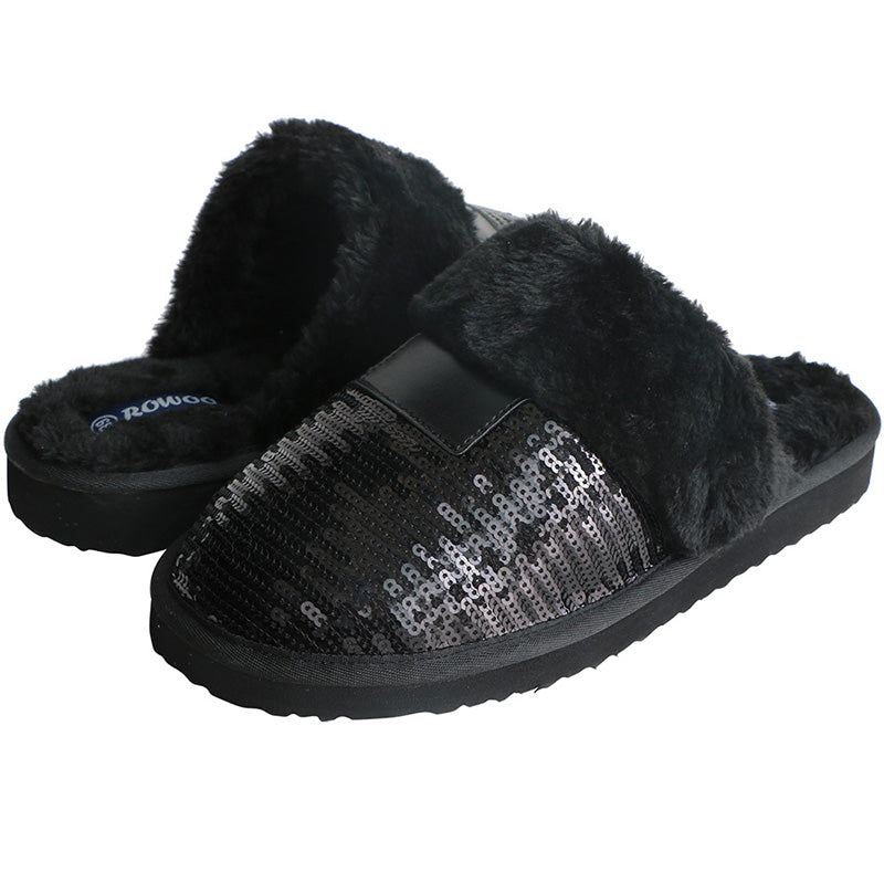 Winter Sequined Women Slippers Fur Plush Ladies Balck House Shoes