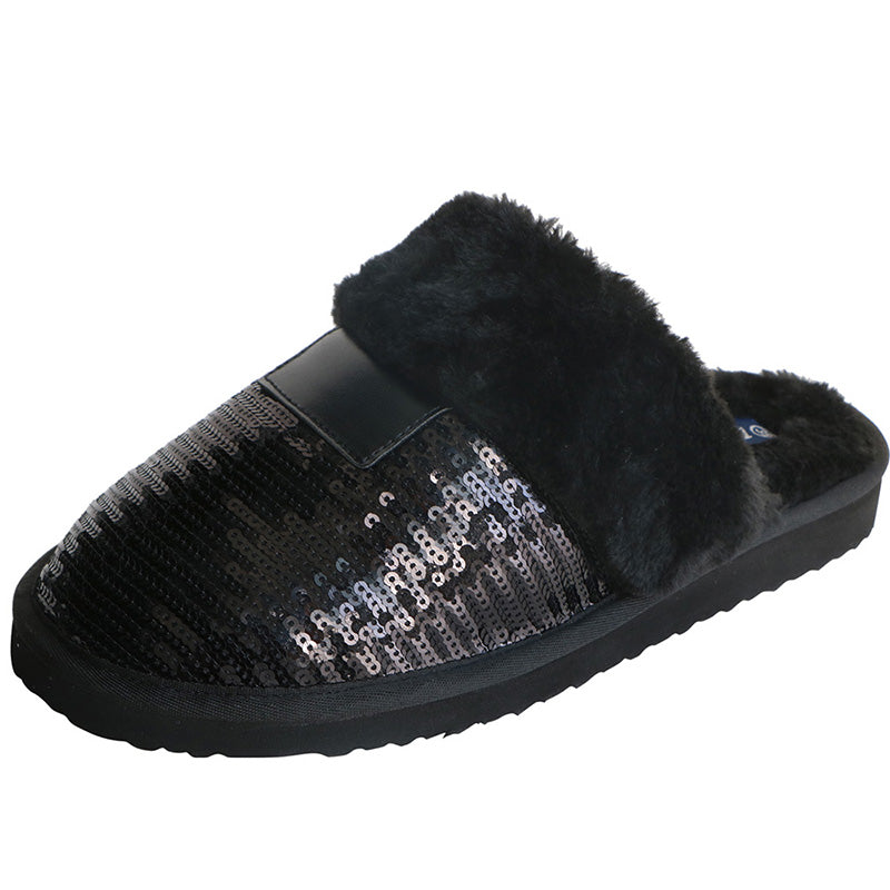 Winter Sequined Women Slippers Fur Plush Ladies Balck House Shoes