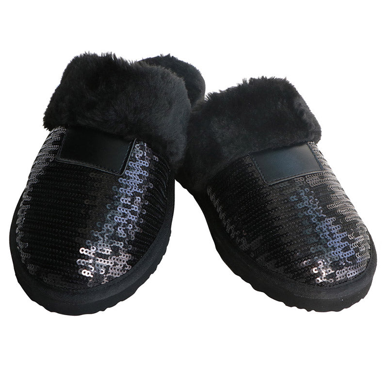 Winter Sequined Women Slippers Fur Plush Ladies Balck House Shoes